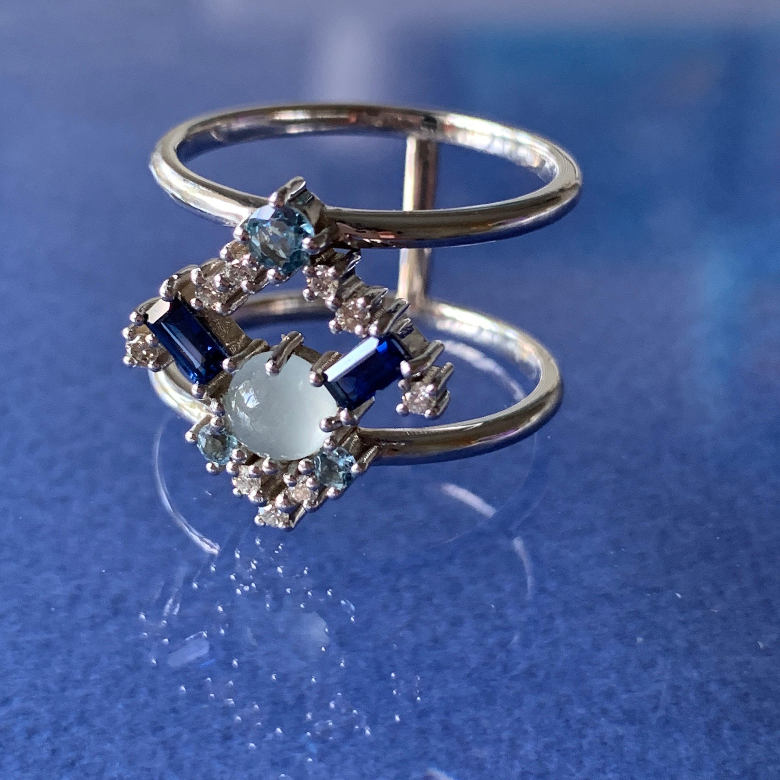 Women's Colorful 18 Karat Gold Ring with Diamonds, Sapphires, Aquamarines