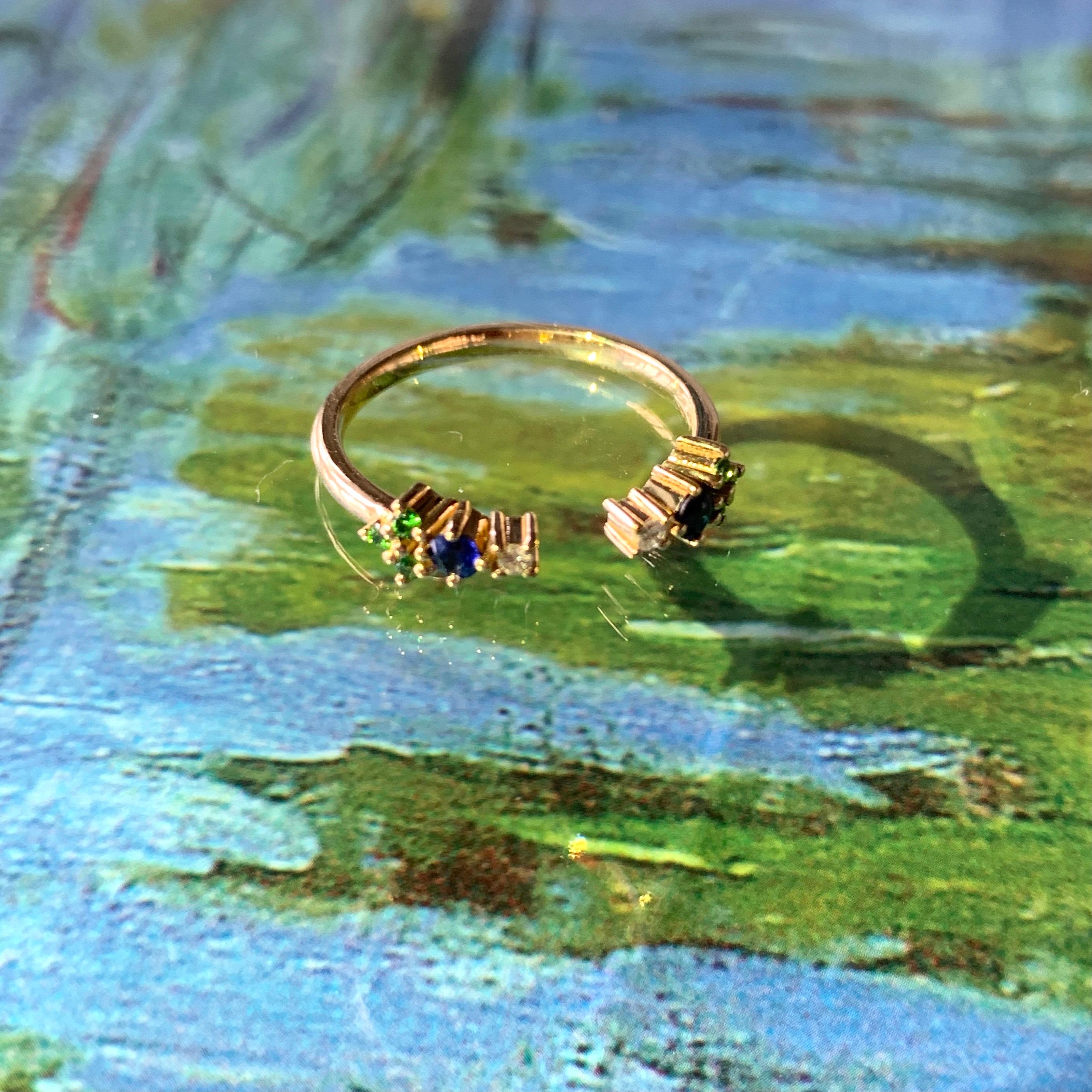 Women's Colorful 18 Karat Gold Ring with Diamonds, Sapphires, Tsavorites