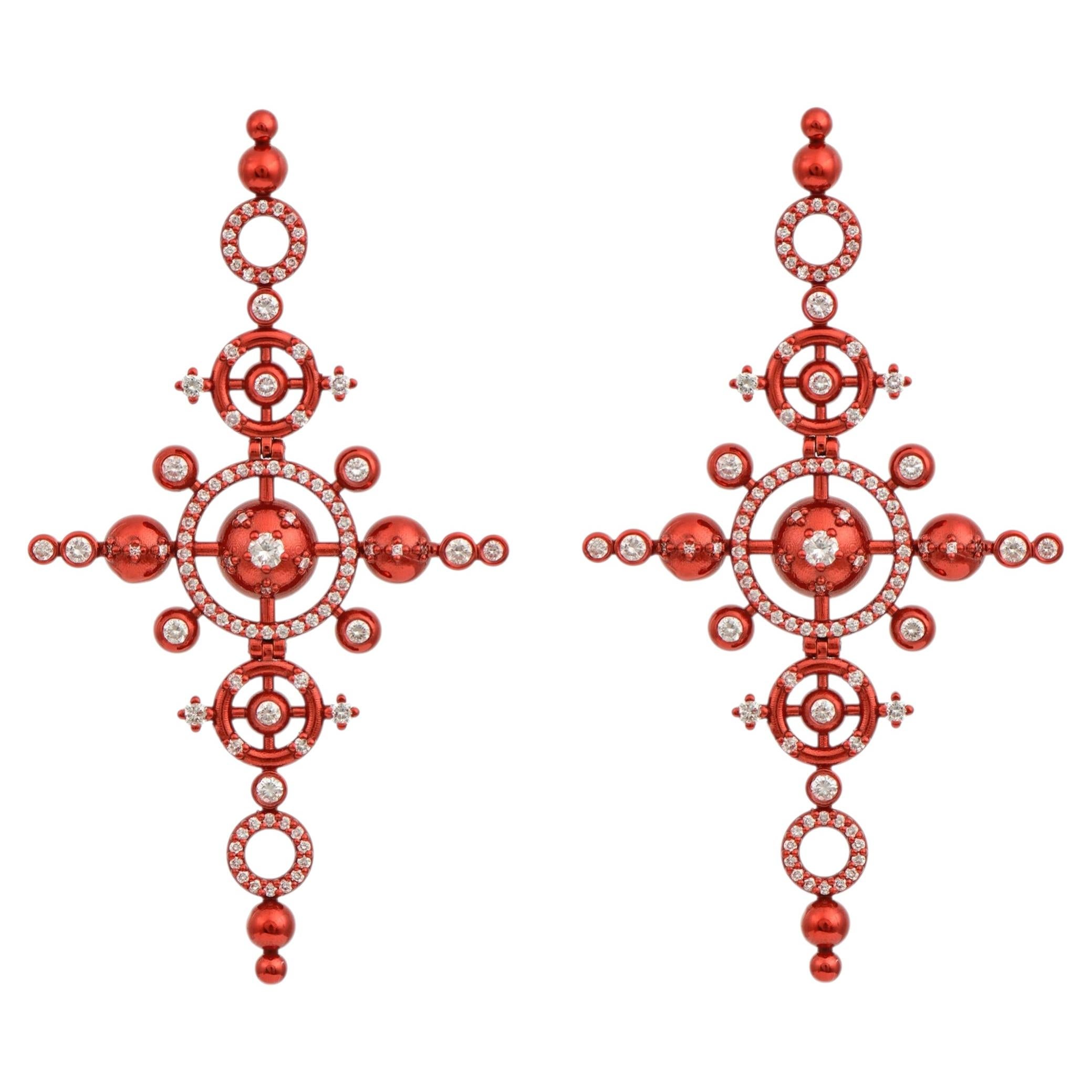 Orbit Earrings in Red Nano-Ceramic Coated 18 Karat Gold with Diamonds For Sale