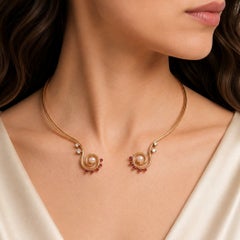 Swirl Choker in 18 Karat Yellow Gold with Diamonds, Rubies And Pearls