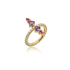 Ruby And Tanzanite Floating Diamond Ring in 18 Karat Yellow Gold