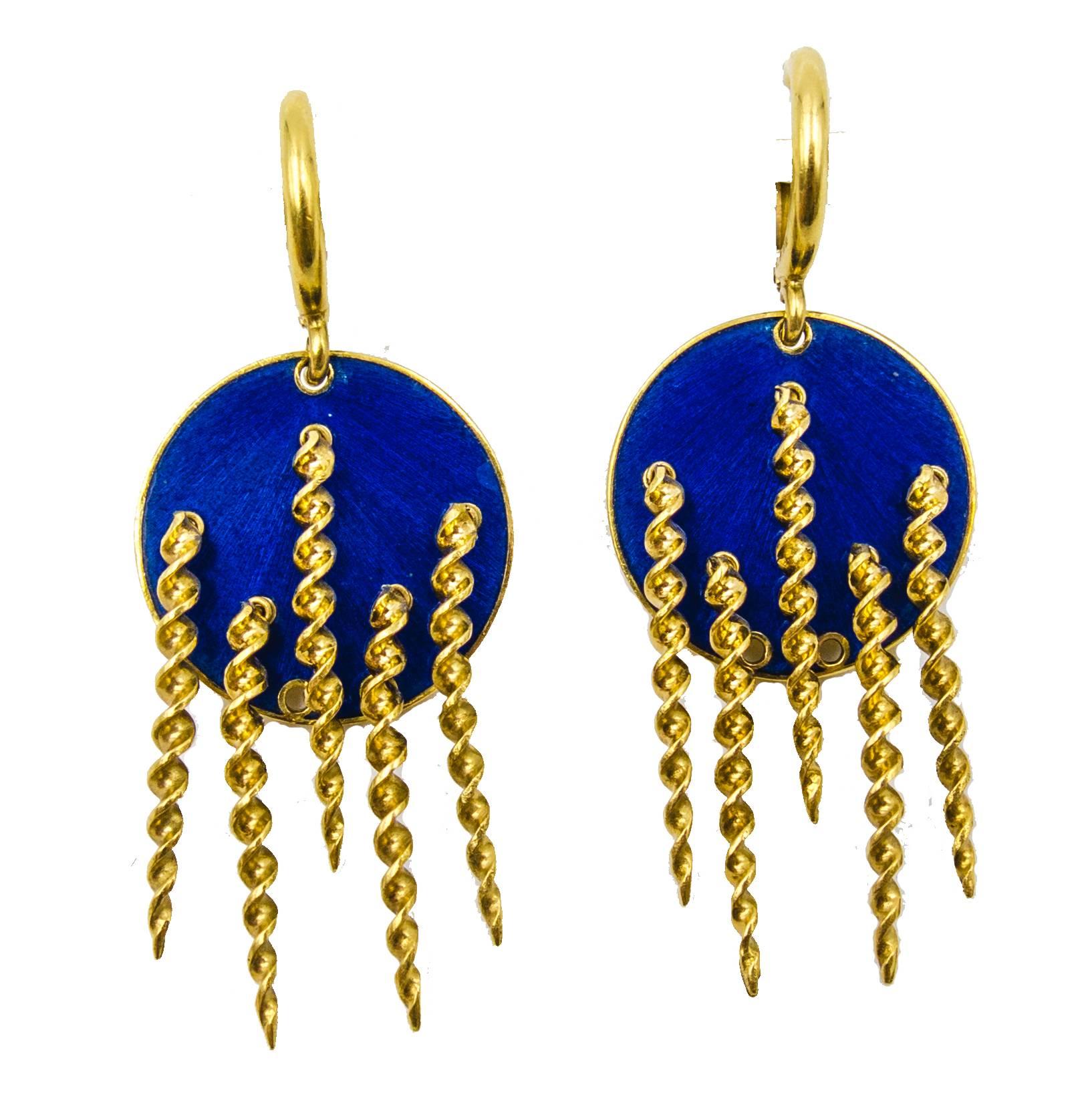 1970s Chic Italian Rich Blue Enamel Gold Earrings