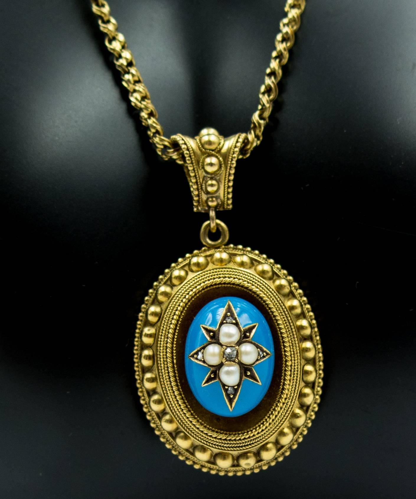 Romantic Victorian Enamel Diamond and Pearl Pendant and Chain In Excellent Condition In New York, NY
