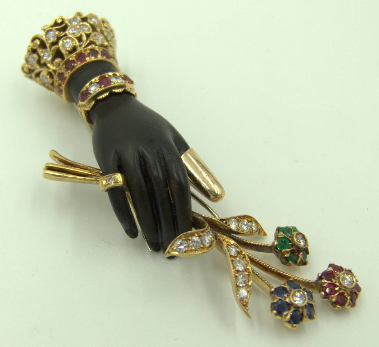 Nardi Venice Emerald Ruby Sapphire Diamond Gold Nosegay- in- Hand Brooch In Good Condition In New York, NY