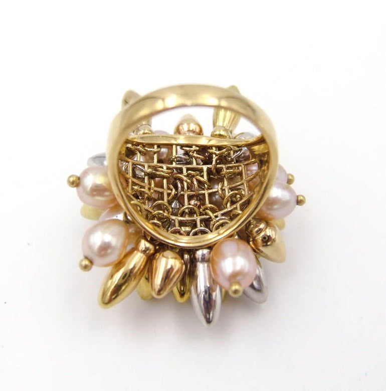 Contemporary Tricolor Pearl and Gold Kinetic Dome Ring