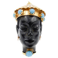 Italian 1950s Carved Ebony Turquoise Gold Moor's Head Charm Pendant