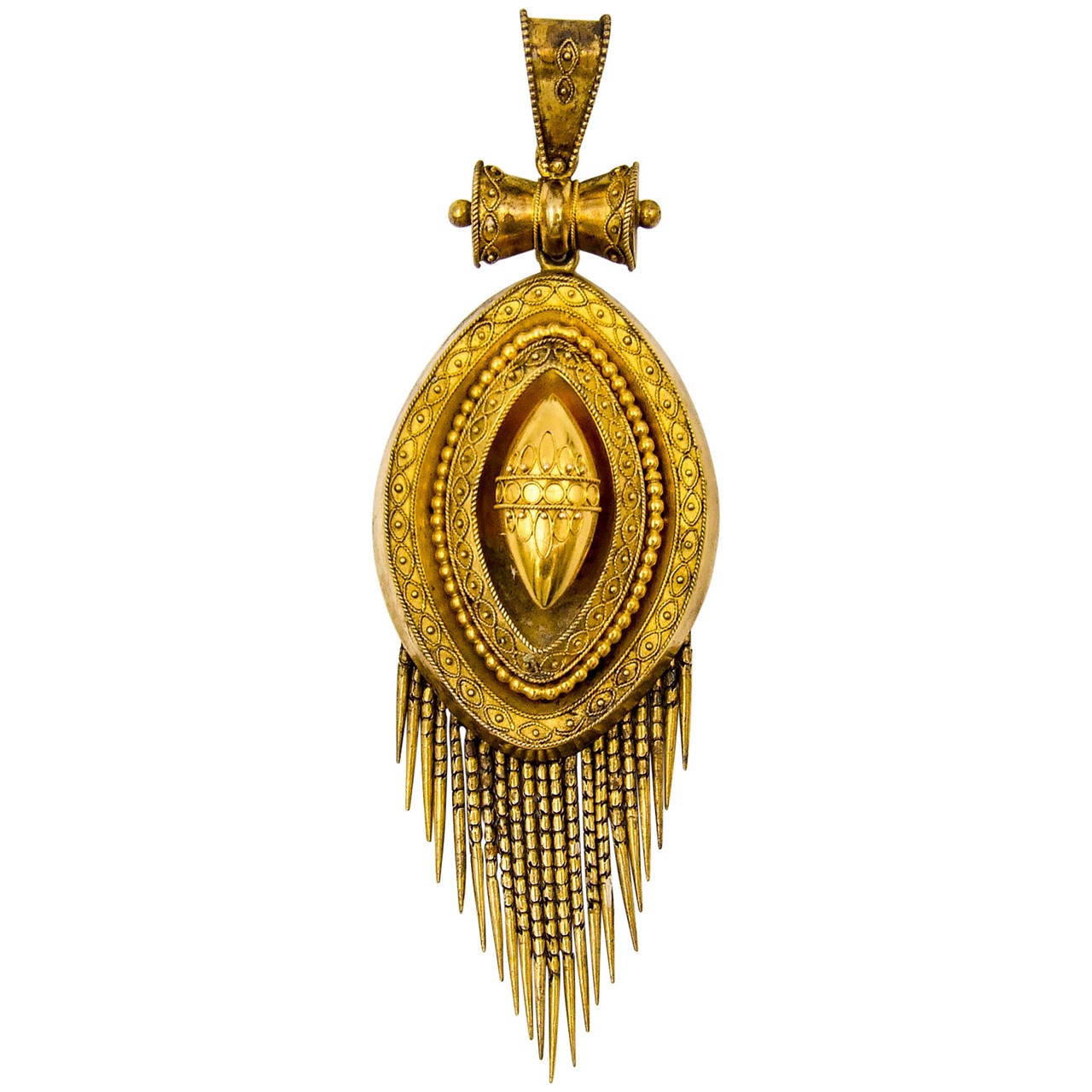 Elegant Victorian Etruscan Revival Gold Fringed Pendant For Sale