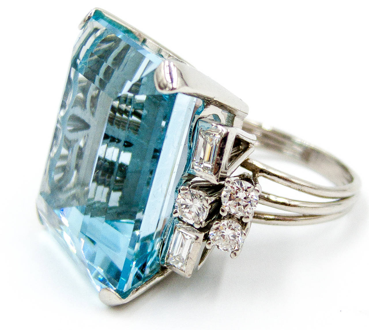 1950s Splashy 35 carat Aquamarine Diamond Platinum Cocktail Ring 1