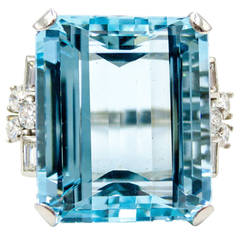 Retro 1950s Splashy 35 carat Aquamarine Diamond Platinum Cocktail Ring