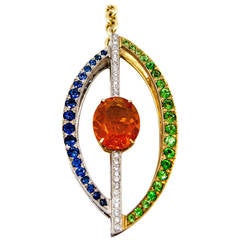 Vintage Exceptionally Cool Green Garnet Orange Fire Opal Diamond "Eye" Necklace