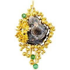 1960s Geode Emerald Diamond Gold Brooch