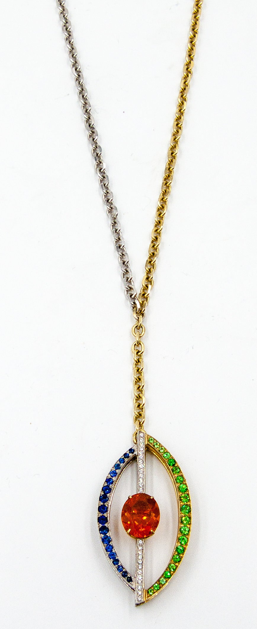 Exceptionally Cool Green Garnet Orange Fire Opal Diamond "Eye" Necklace
