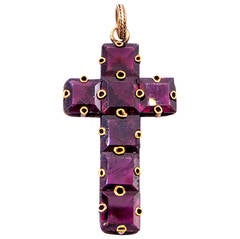 Antique Elegantly Simple Victorian Garnet Gold Cross Pendant