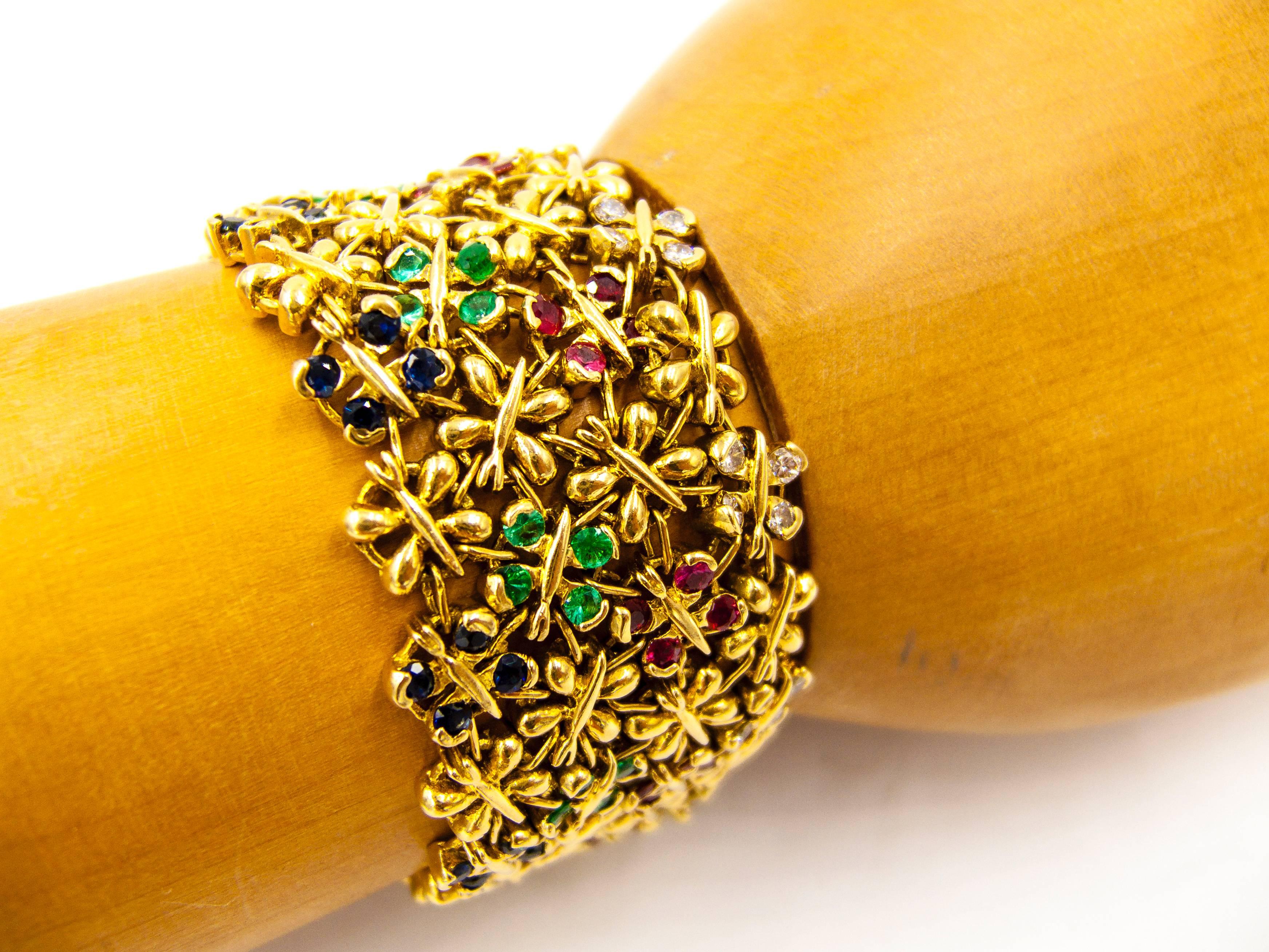 Elegant Ruby Sapphire Emerald Diamond Gold Floral Brocade Bracelet In Excellent Condition In New York, NY
