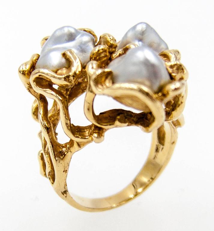 American Studio Jeweler Gold and Pearl Ring at 1stDibs