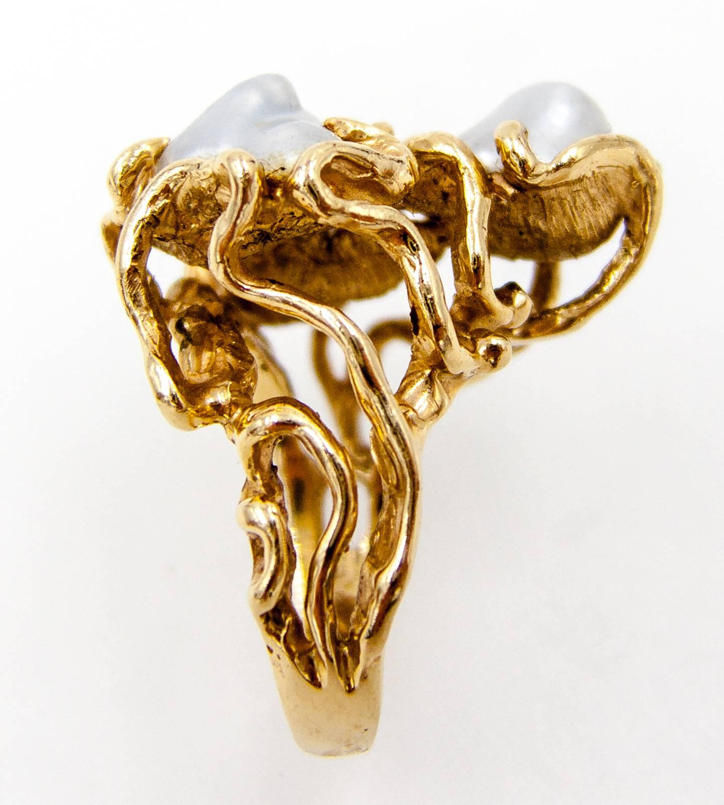 American Studio Jeweler Gold and Pearl Ring In Excellent Condition In New York, NY