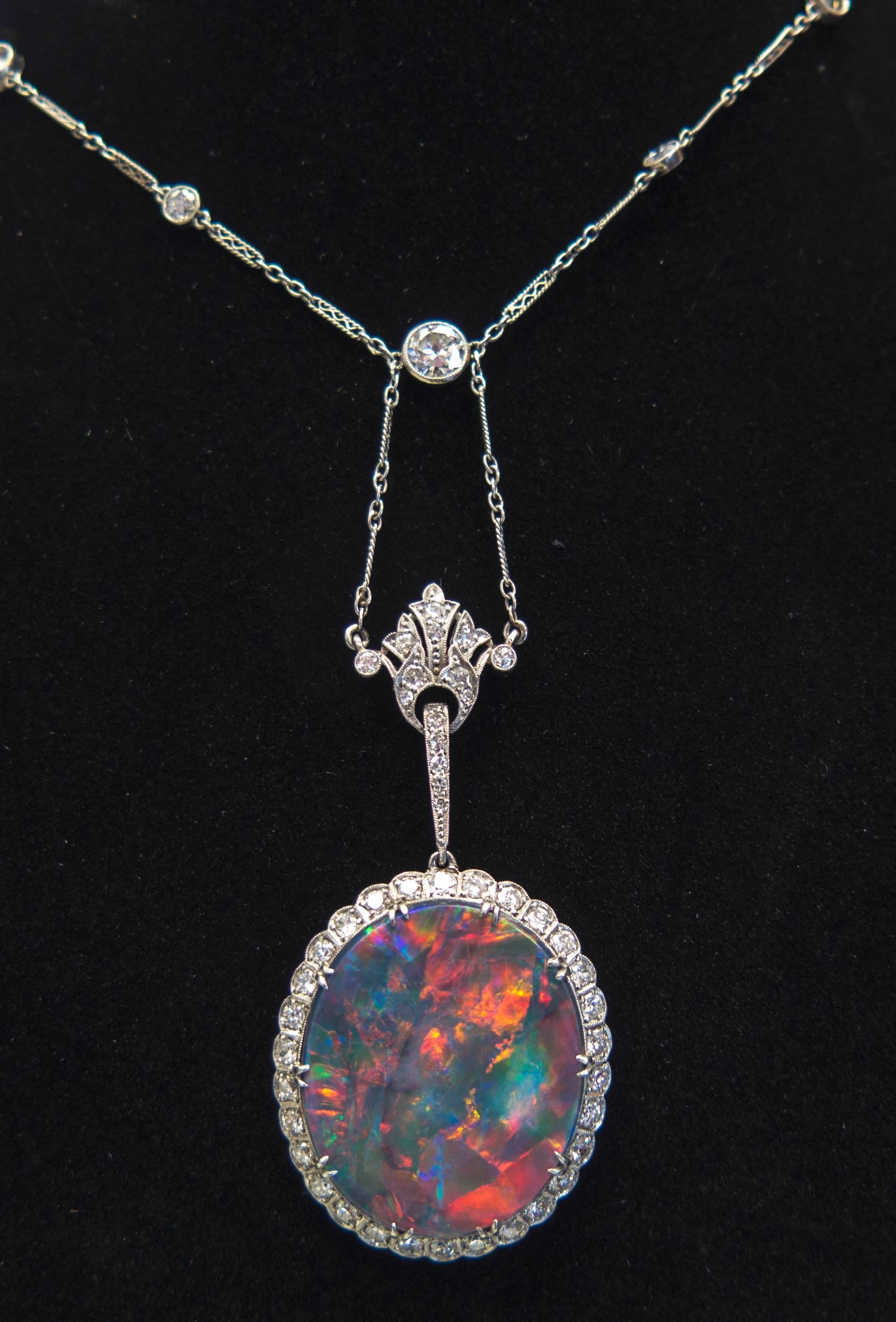 Old Mine Cut Extraordinary Edwardian Lightning Ridge Black Opal Diamond Necklace
