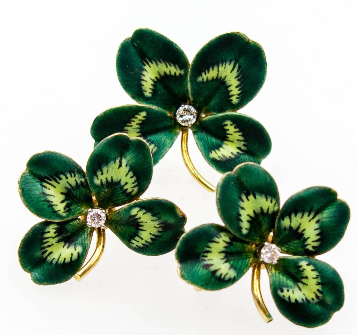 Charming Green Enamel and Diamond Four Leaf Clover Suite In Good Condition In New York, NY