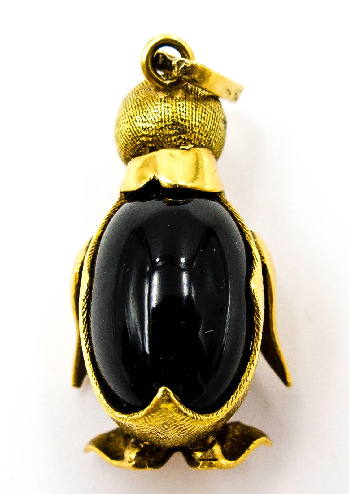 Women's or Men's Adorable Agate Onyx Gold Marching Penguin Pendant