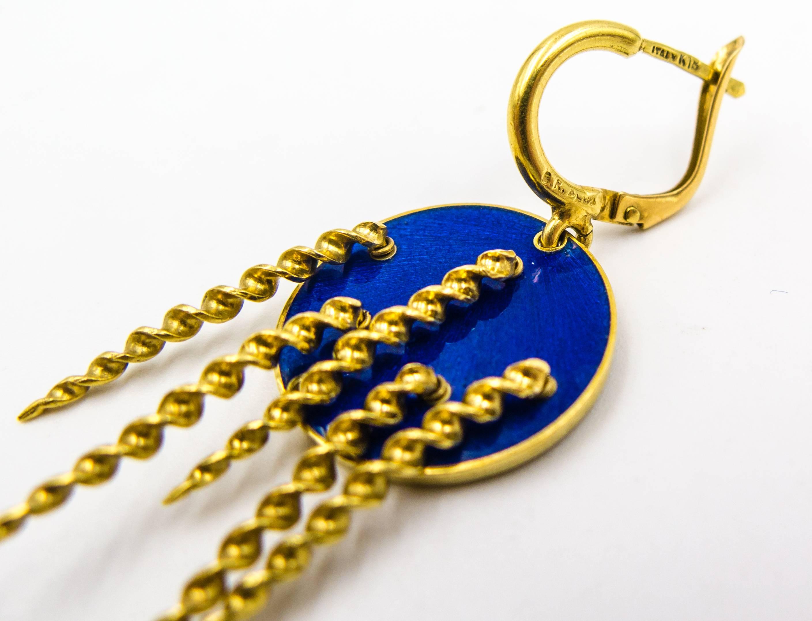 Modernist 1970s Chic Italian Rich Blue Enamel Gold Earrings