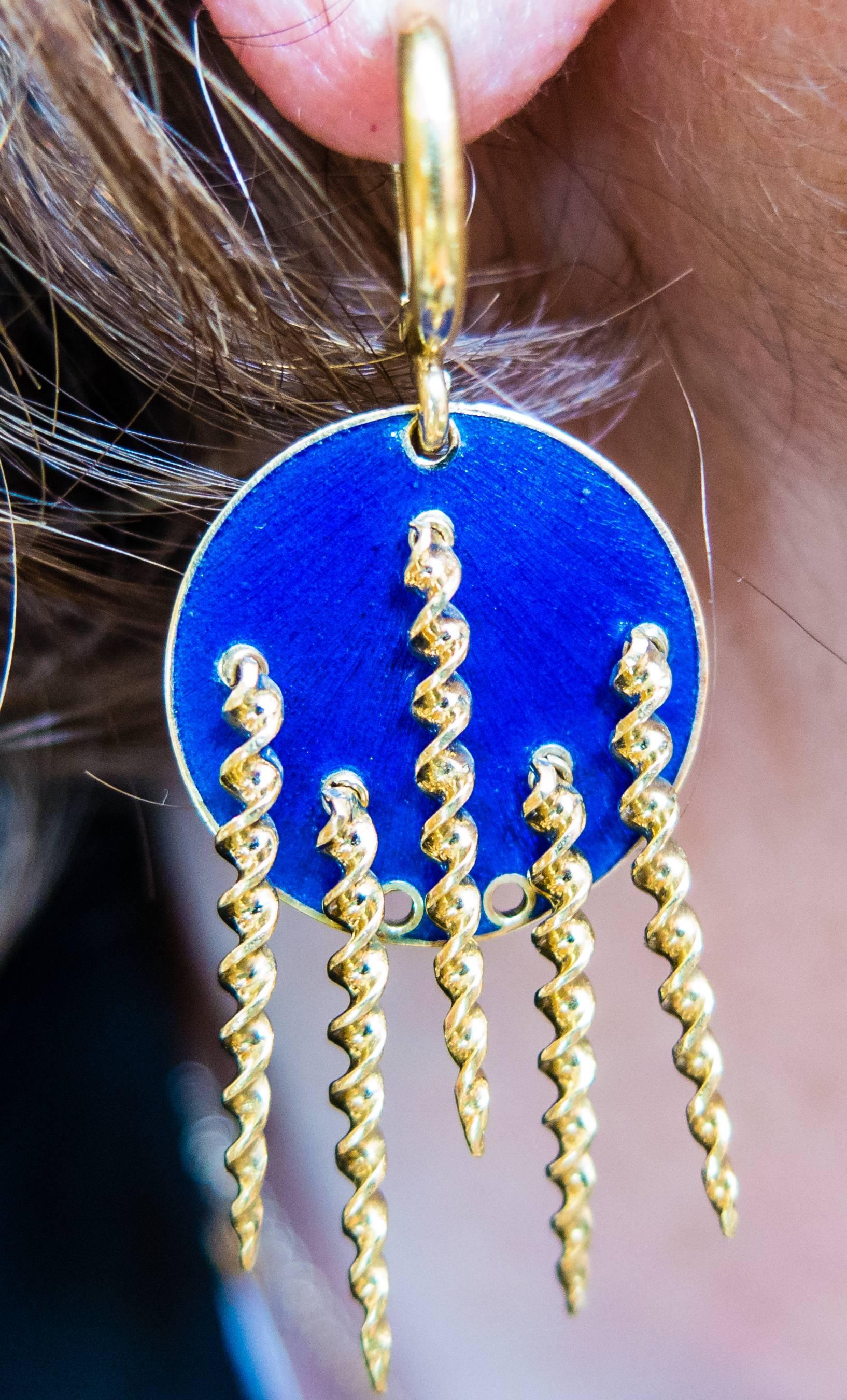 Women's 1970s Chic Italian Rich Blue Enamel Gold Earrings
