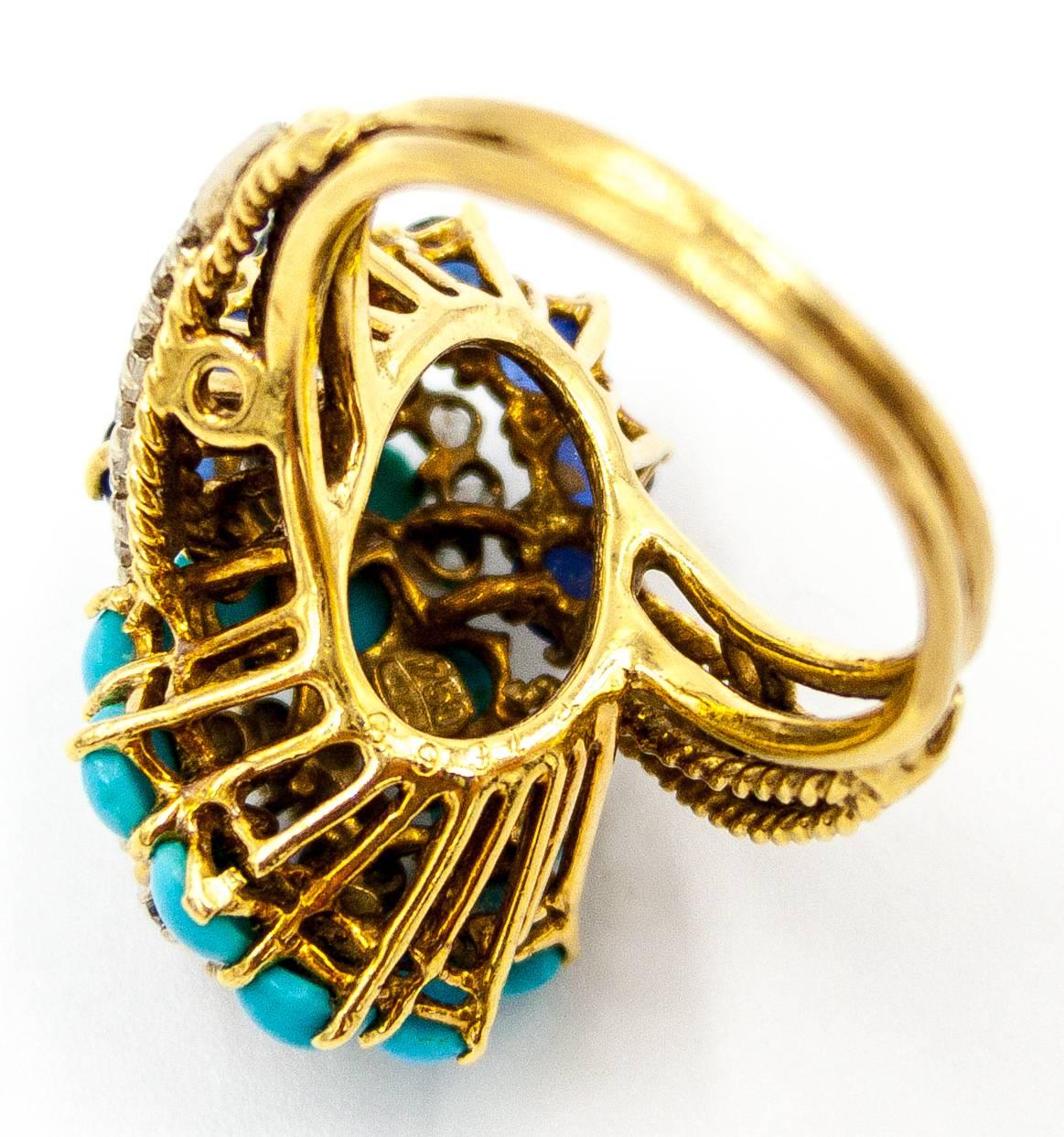 Retro 1950s Turquoise Sapphire Diamond Gold Double Twist Ring