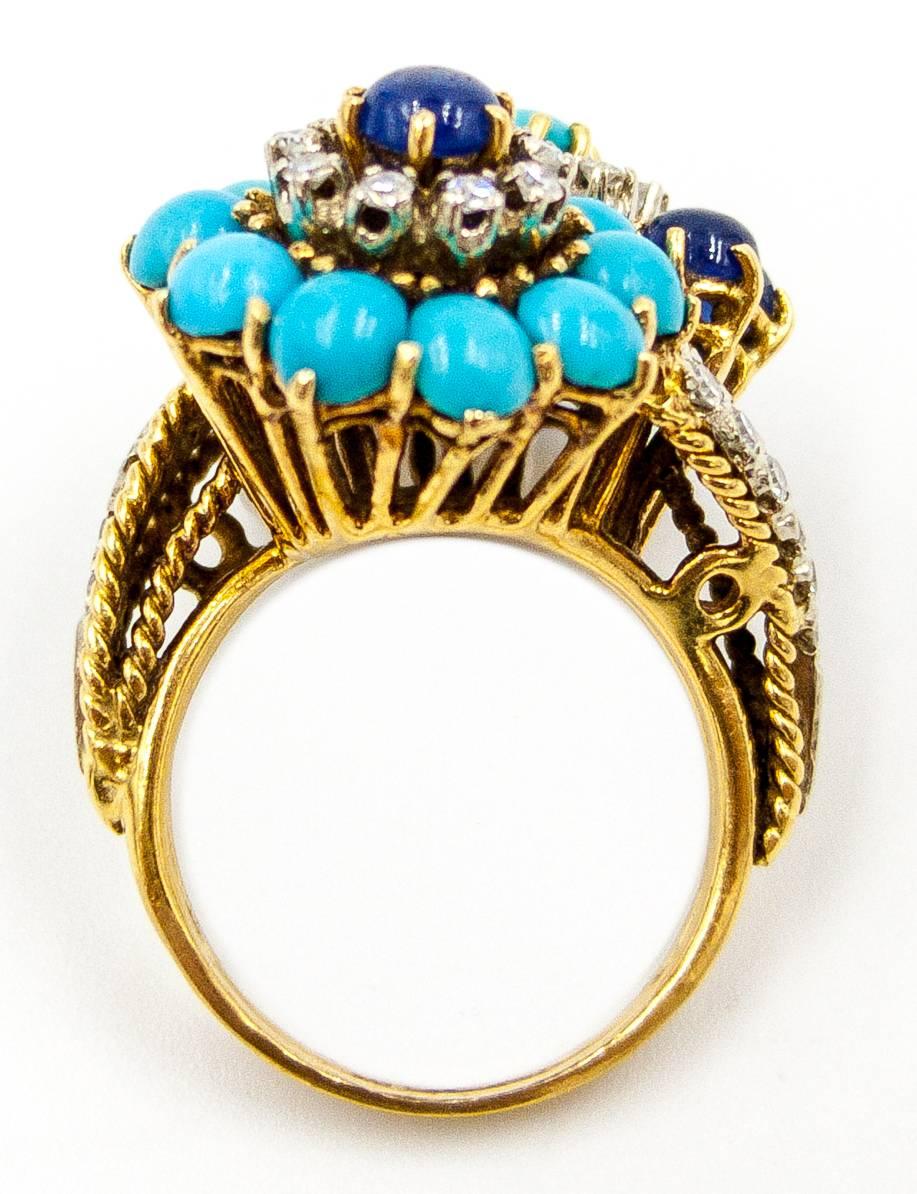 1950s Turquoise Sapphire Diamond Gold Double Twist Ring In Excellent Condition In New York, NY