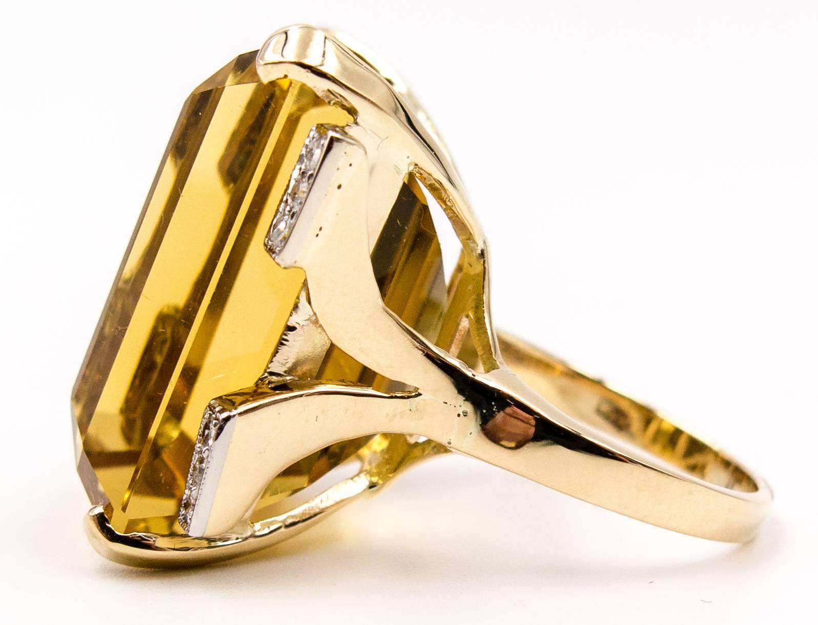 Retro Massive Golden Citrine Diamond Two Color Gold Ring