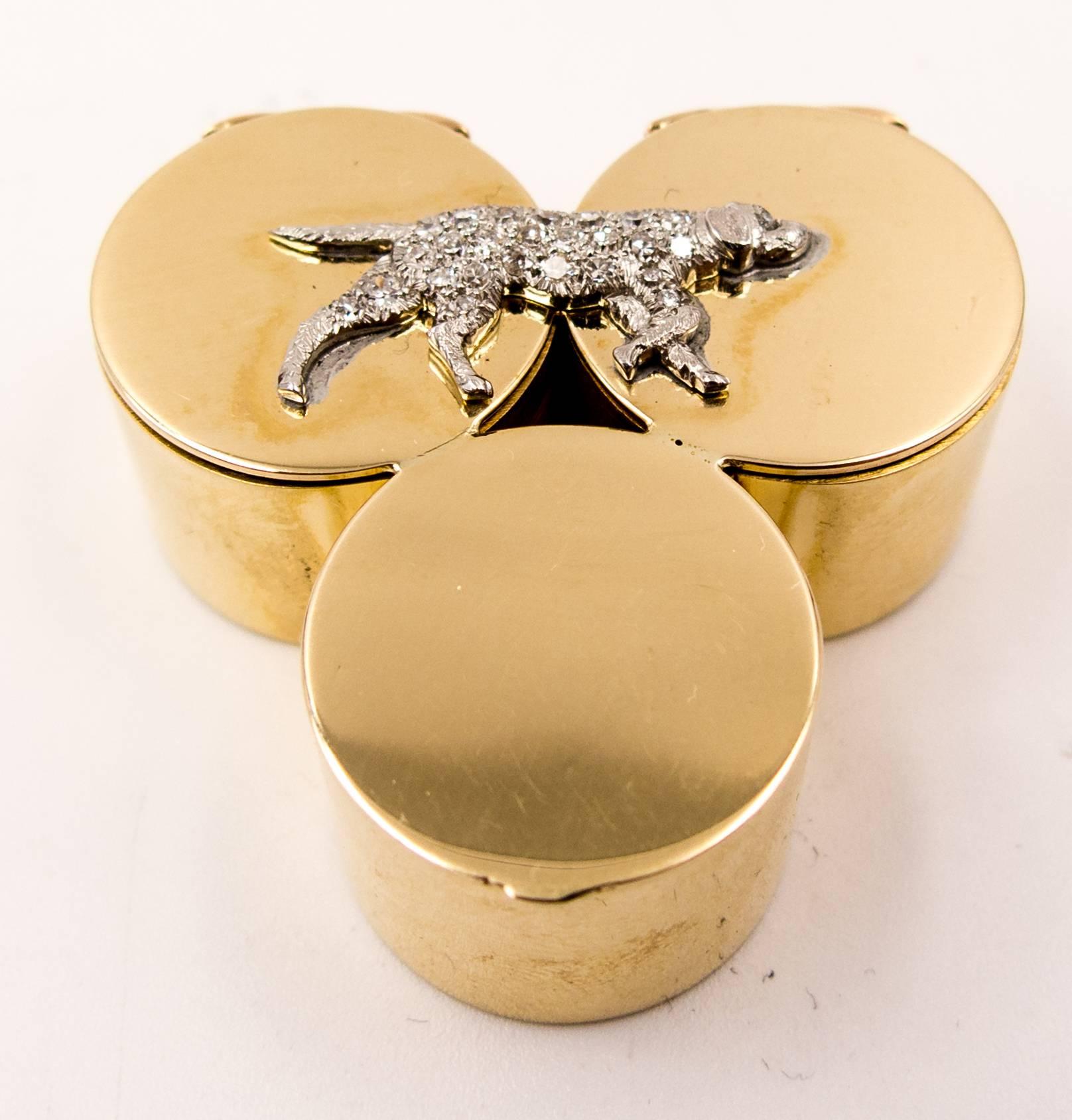 Women's or Men's Unusual Diamond Gold Hunting Motif Triple Pillbox
