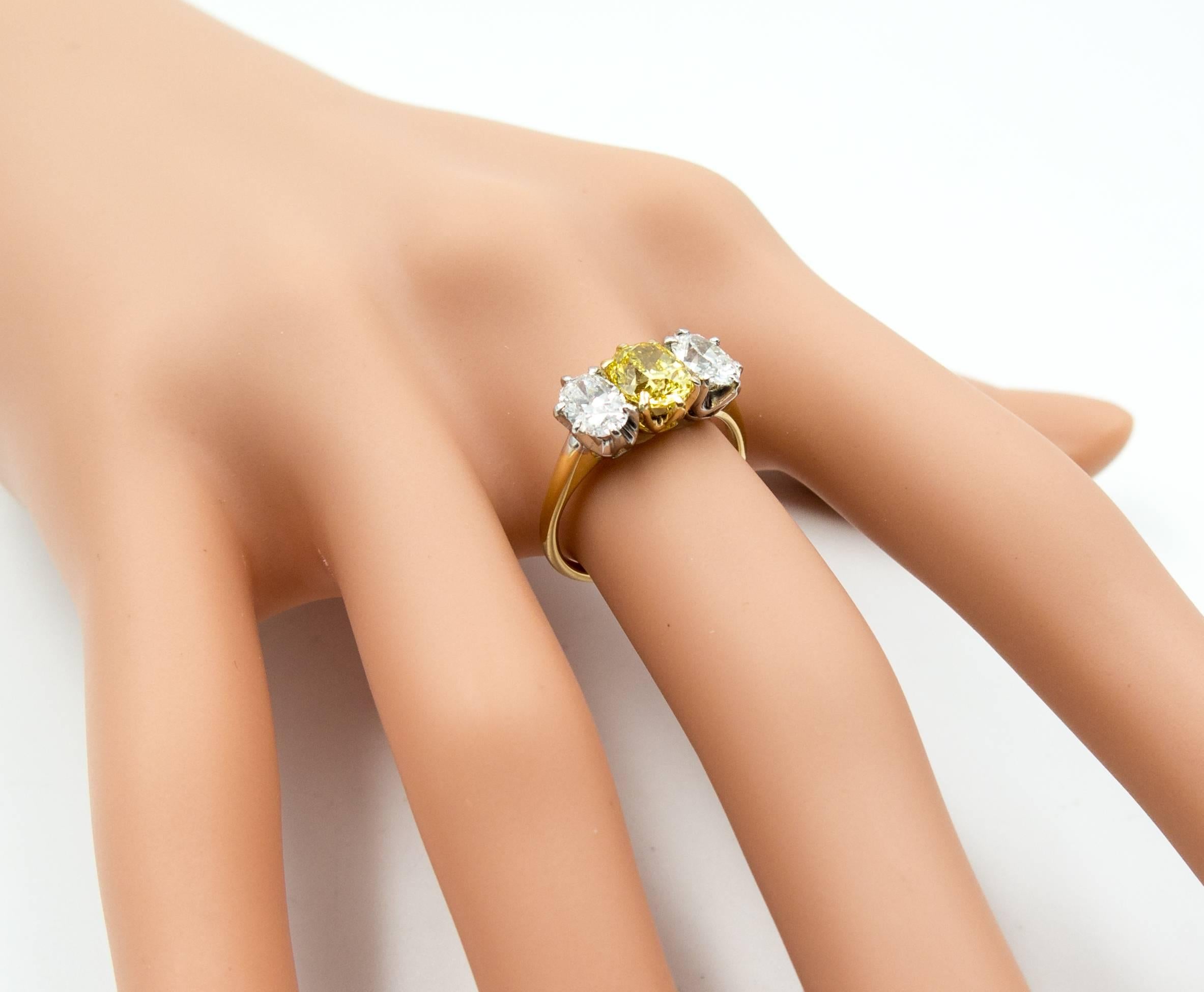 Dazzling GIA Cert Natural Color Fancy Intense Yellow Diamond Three Oval Ring 2
