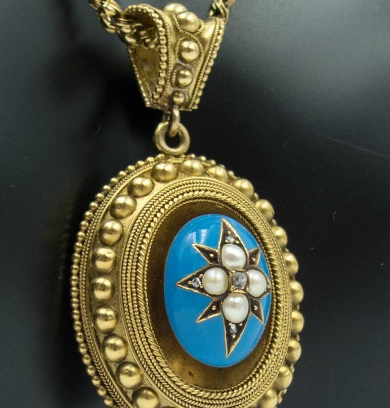 Romantic Victorian Enamel Diamond and Pearl Pendant and Chain 1