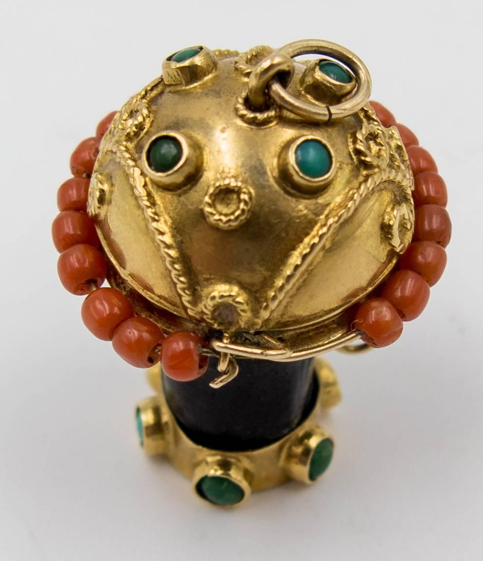 Charming Coral Turquoise 18 Karat Gold Moor's Head Pendant In Good Condition In New York, NY
