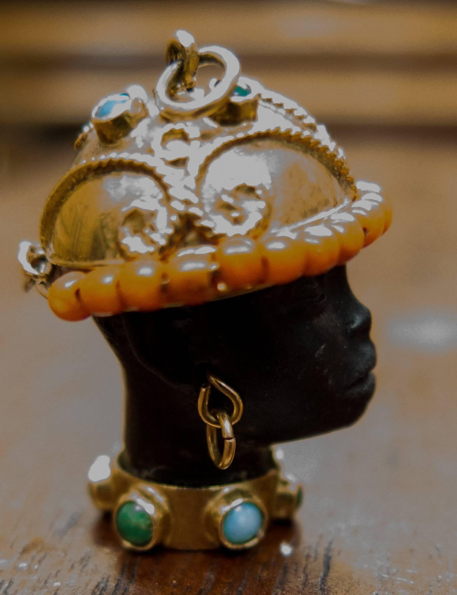 Charming Coral Turquoise 18 Karat Gold Moor's Head Pendant 5