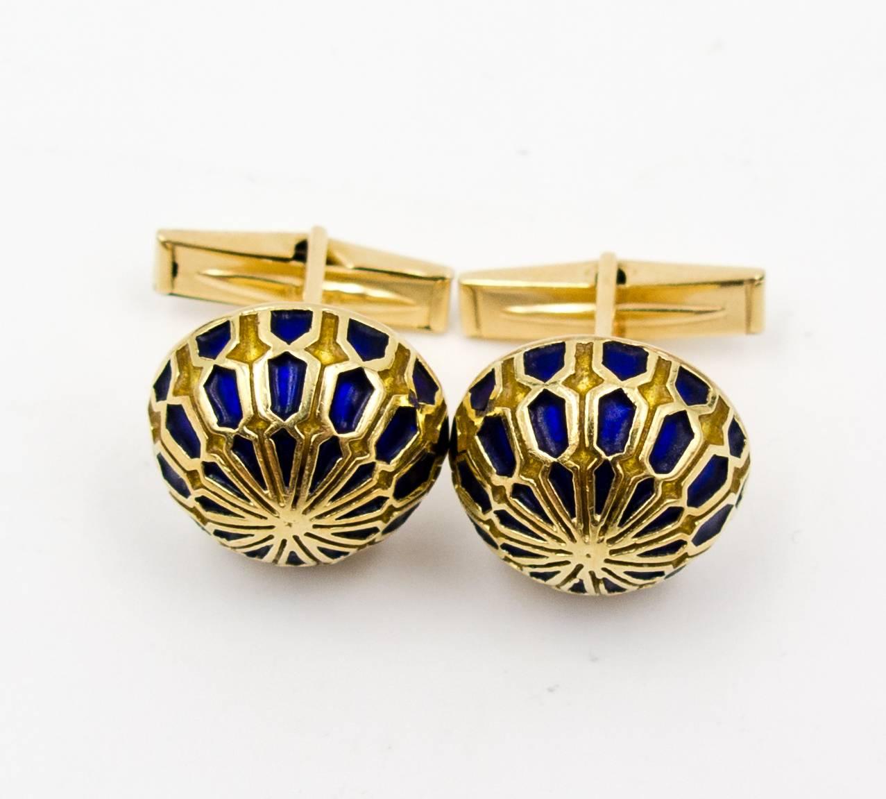 Midnight Blue Enamel  Gold Domed Cufflinks In Excellent Condition In New York, NY
