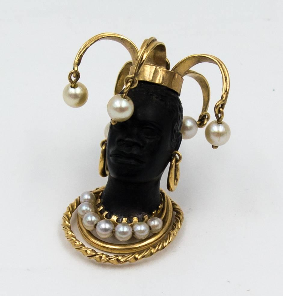  Unusual Pearl Gold Court Jester Moor's Head Pendant In Excellent Condition In New York, NY