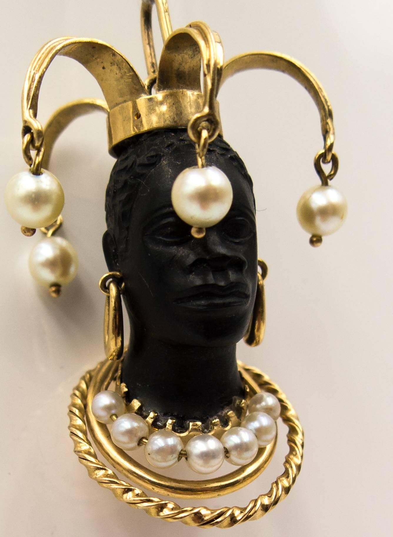 Women's or Men's  Unusual Pearl Gold Court Jester Moor's Head Pendant