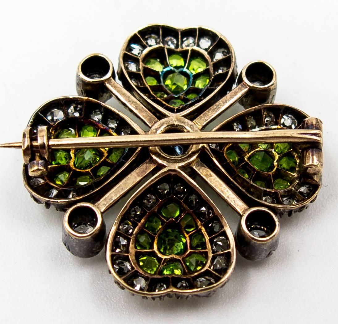 Victorian Demantoid Garnet and Diamond Four Leaf Clover Pin In Good Condition In New York, NY