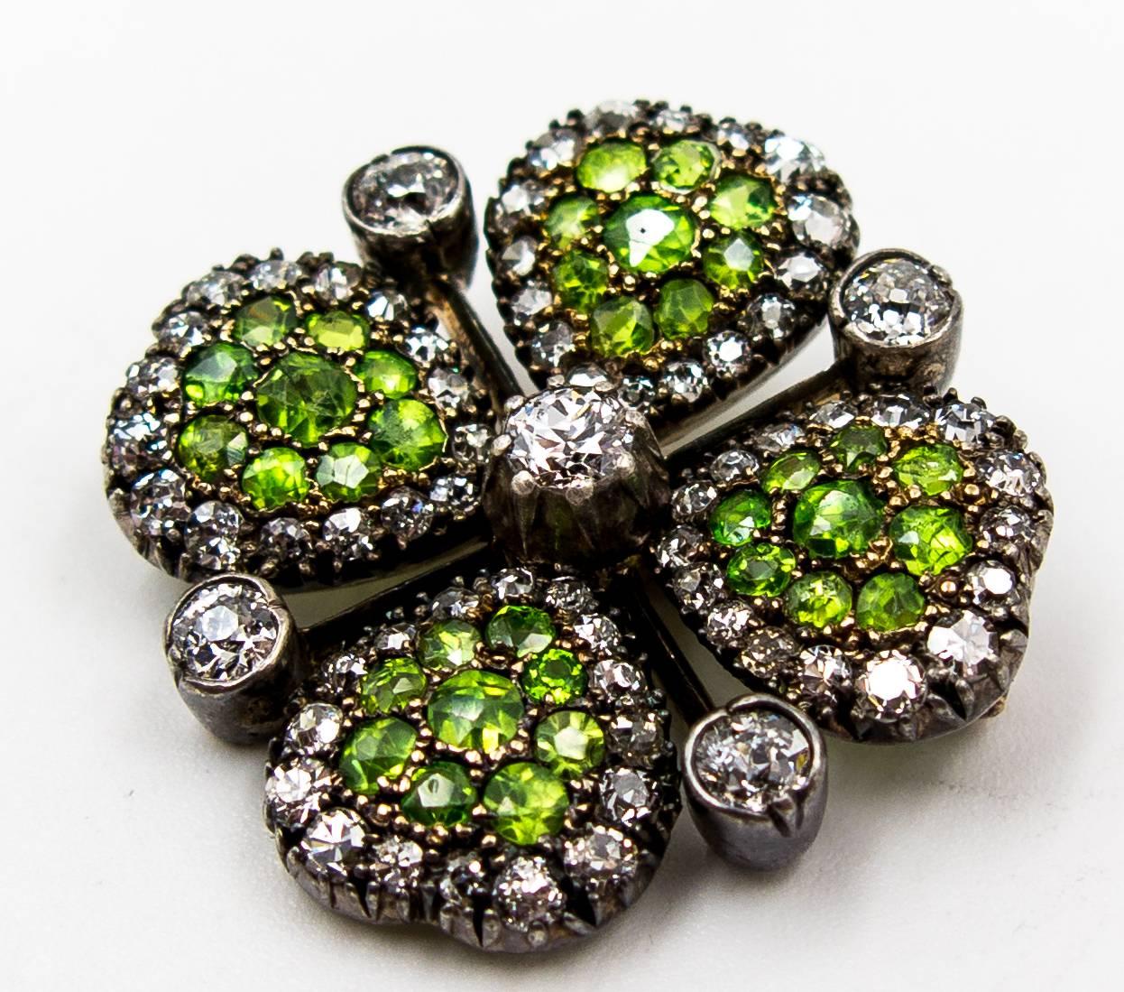 Women's or Men's Victorian Demantoid Garnet and Diamond Four Leaf Clover Pin