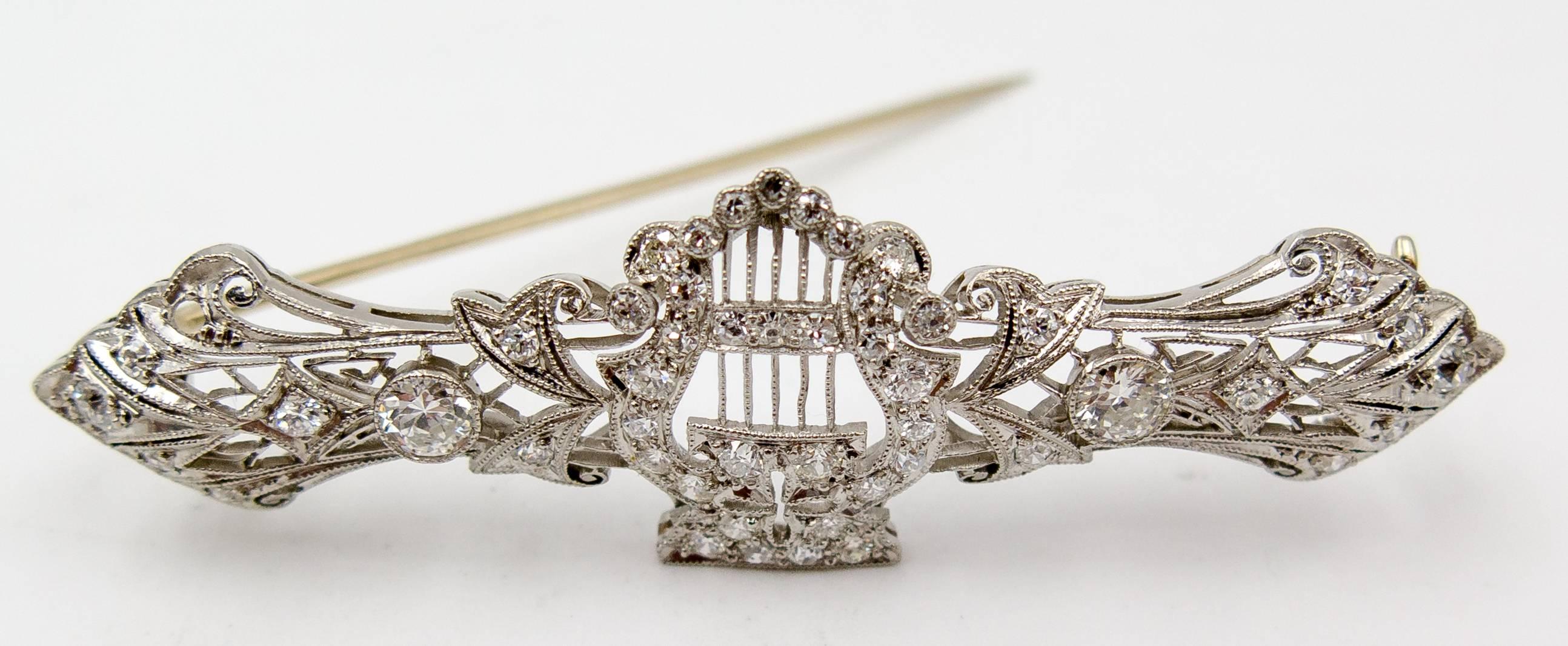 Charming Edwardian  Diamond Platinum Lyre Motif Pin In Excellent Condition In New York, NY