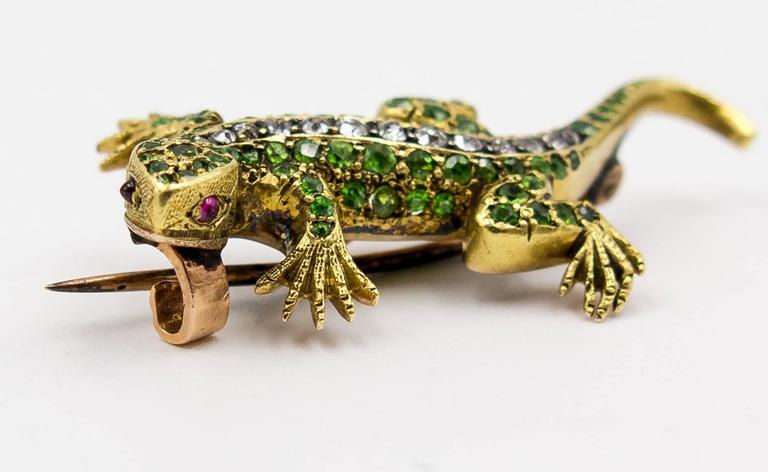 Victorian Demantoid Garnet Ruby Diamond Gold Salamander Brooch For Sale ...