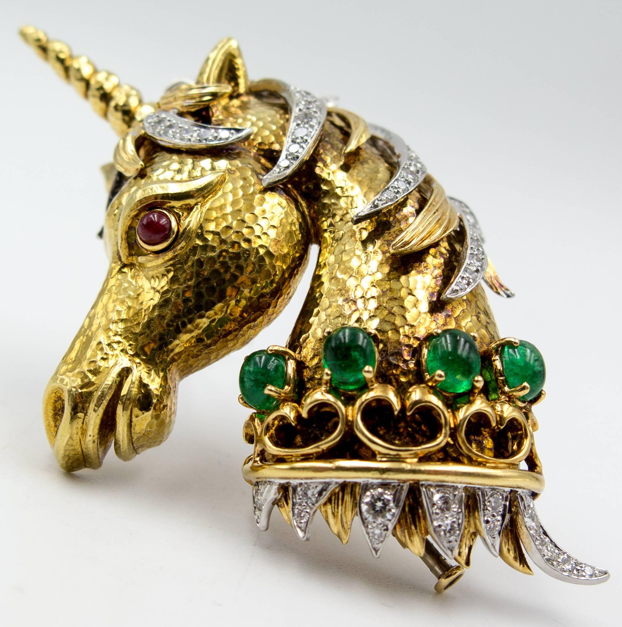 Whimsical David Webb Gold Diamond Emerald Ruby Unicorn Pin In Excellent Condition In New York, NY