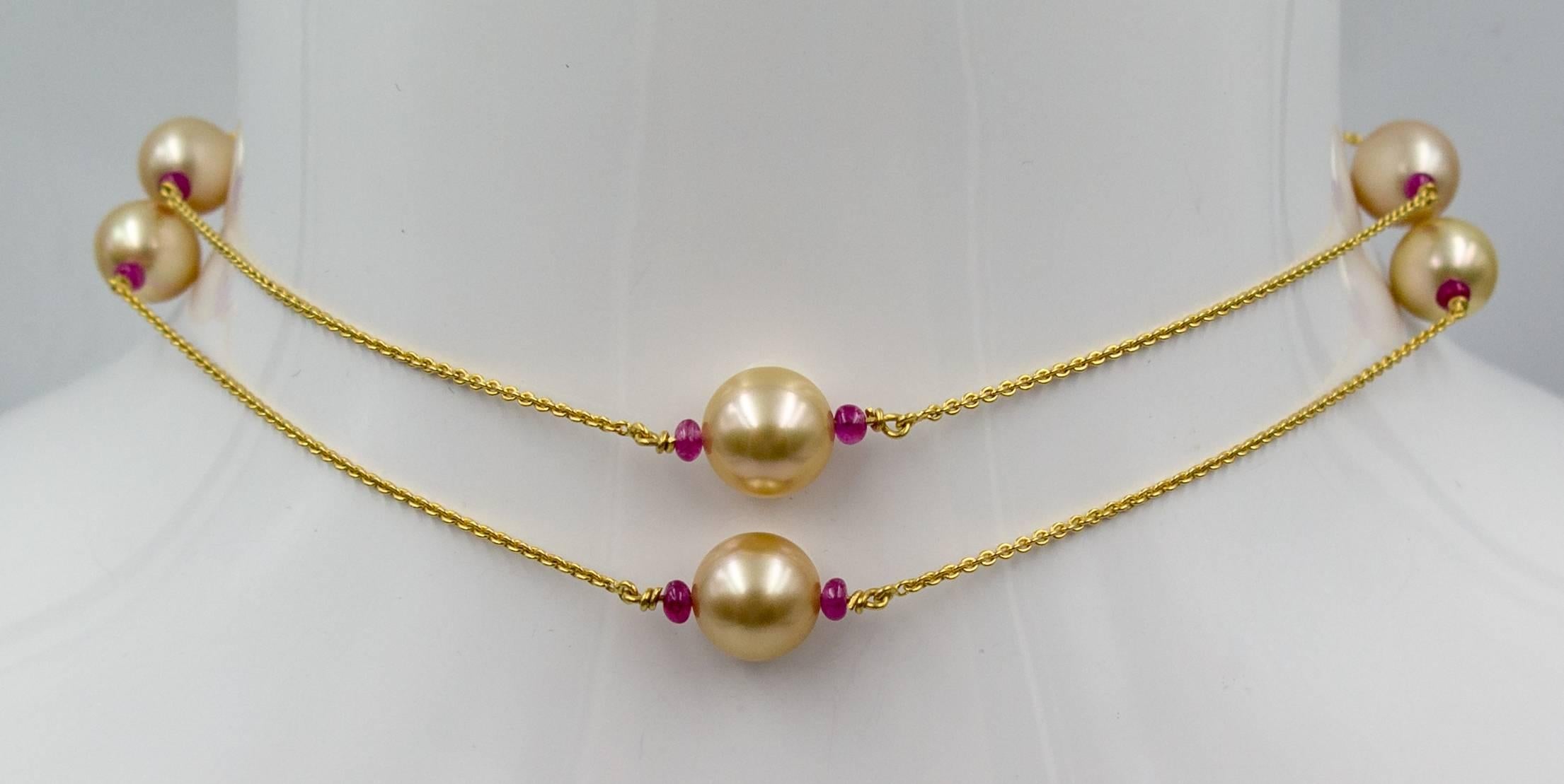 Sensuous Golden Pearl Ruby Yellow Gold Long Chain In Excellent Condition In New York, NY