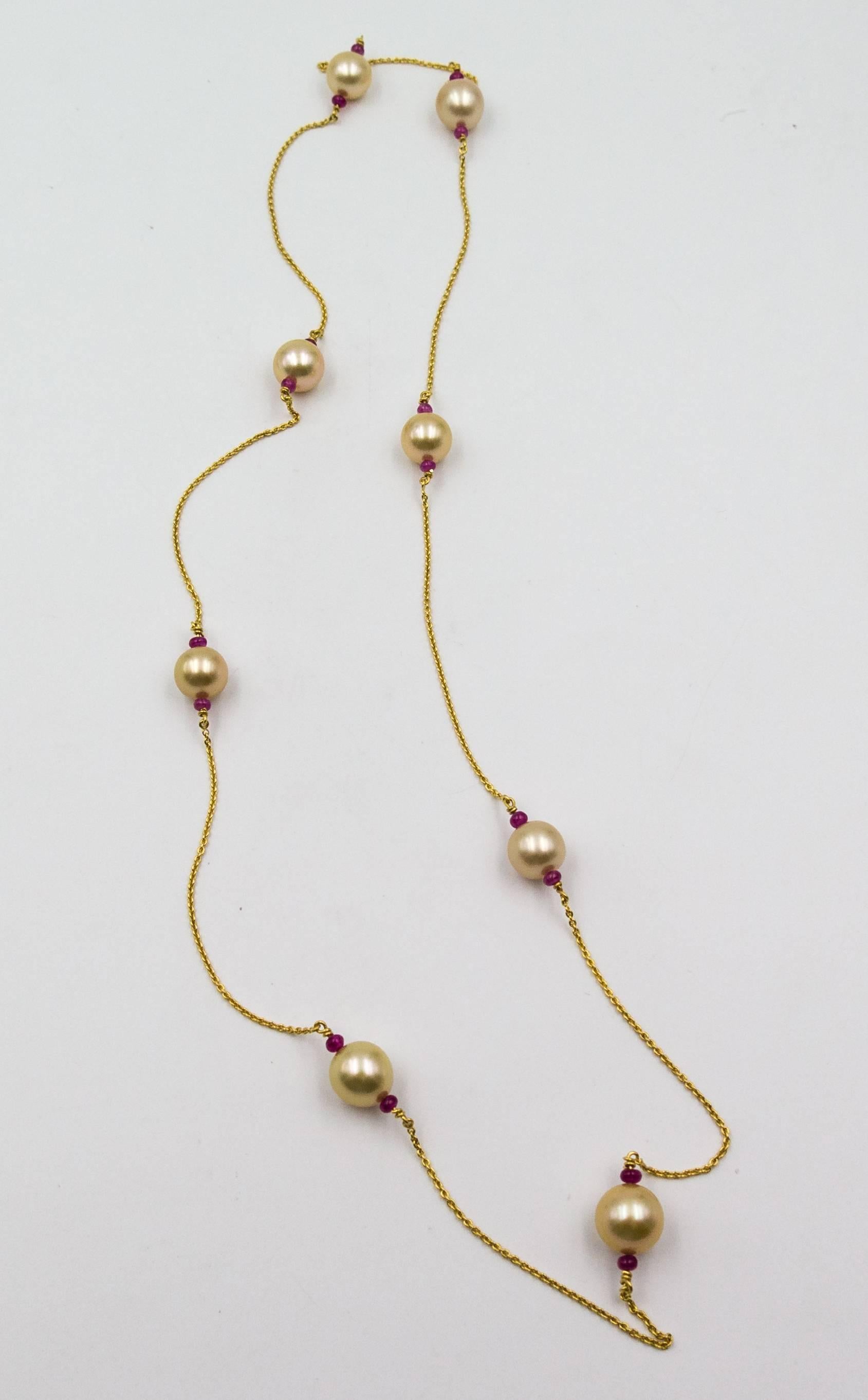 Women's Sensuous Golden Pearl Ruby Yellow Gold Long Chain