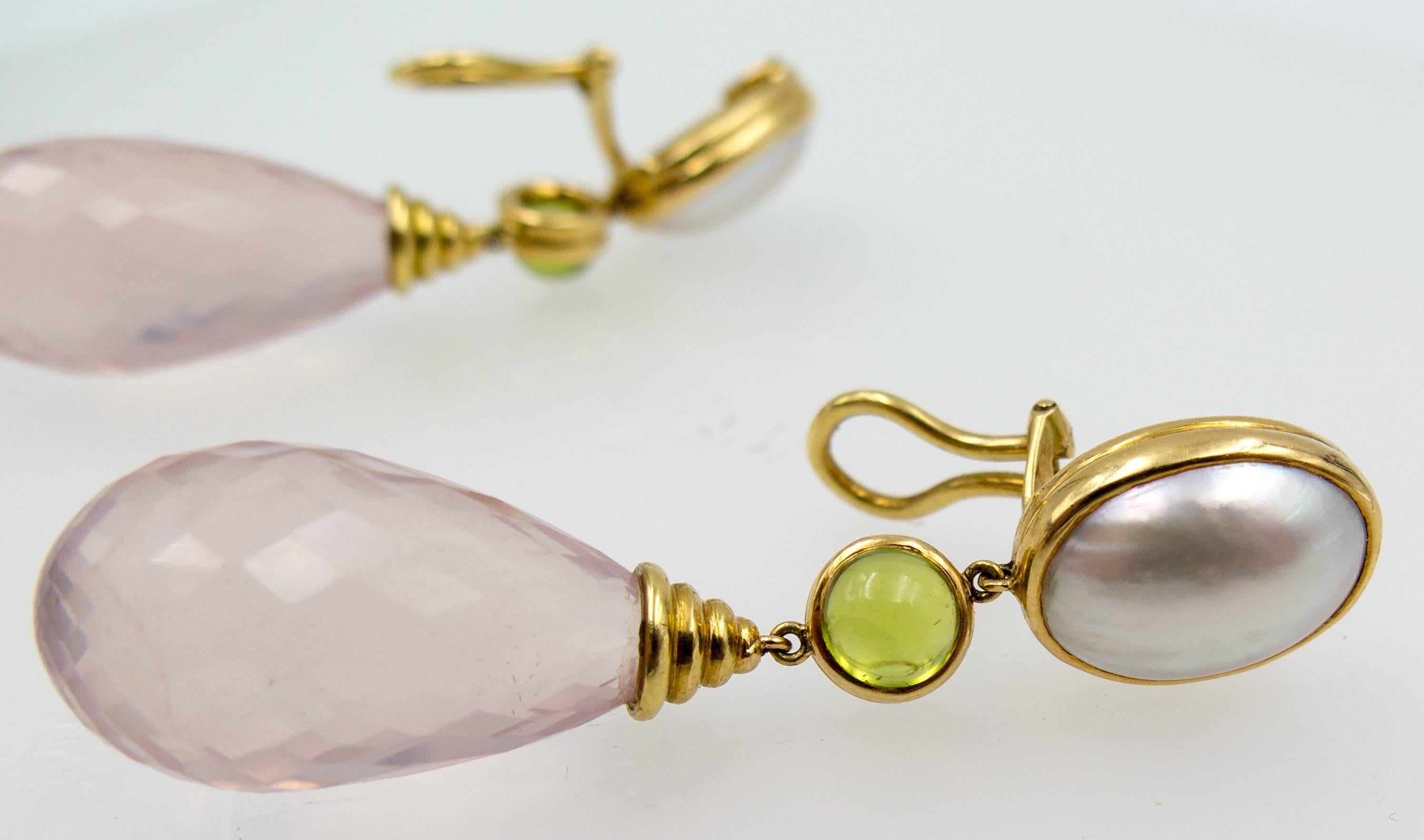 Visconti di Madrone 18 Karat Gold Pearl Peridot Rose Quartz Earrings In Excellent Condition In New York, NY