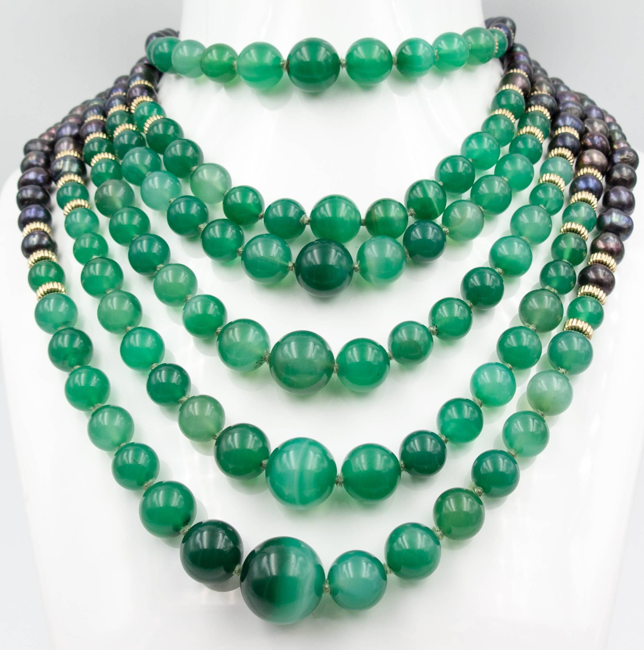 Women's Chic Gold Green Onyx Black Pearl Multistrand Necklace