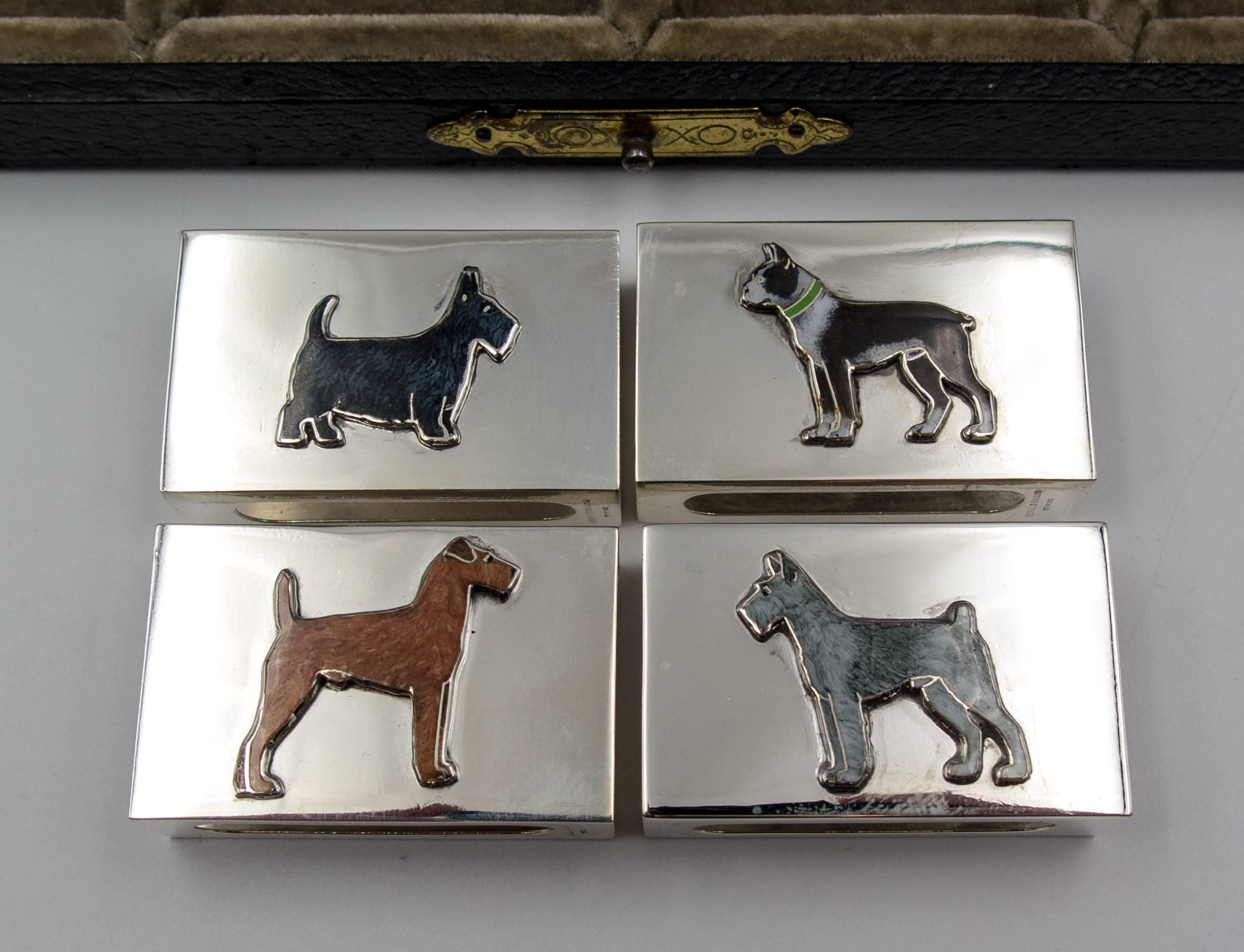 Udall & Ballou Silver Enamel Sporting Dog Motif Match Holder Set In Excellent Condition In New York, NY