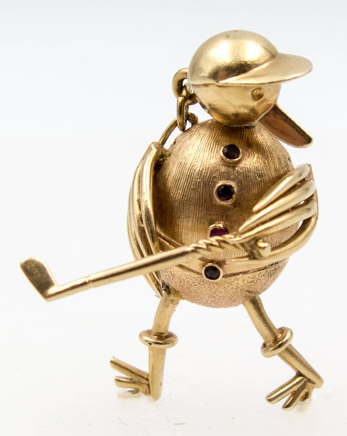 When you need an extra for your golfing foursome, this perky little guy will be happy to show you his swing.  His head, his wings, and his spindly legs all move to create different positions as needed.  He's crafted in 14 karat pink gold, weighs