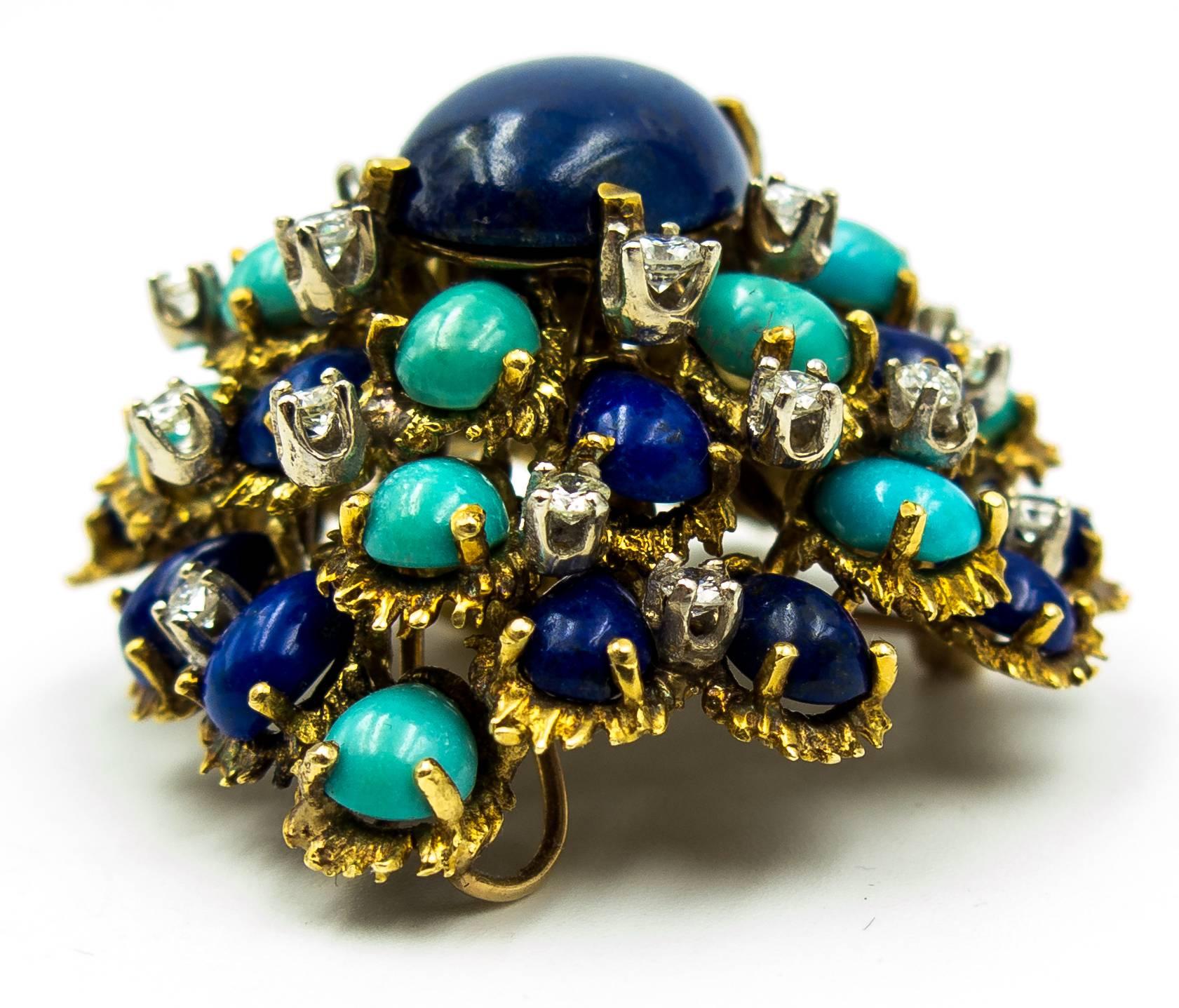 Turquoise Lapis Diamond Gold Cocktail Brooch In Excellent Condition In New York, NY