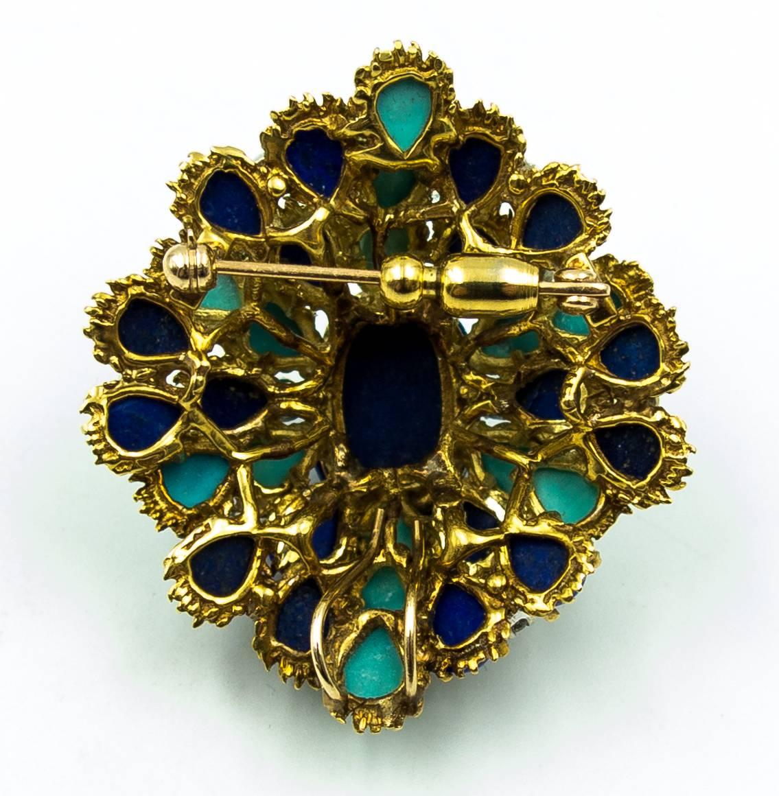 Women's Turquoise Lapis Diamond Gold Cocktail Brooch