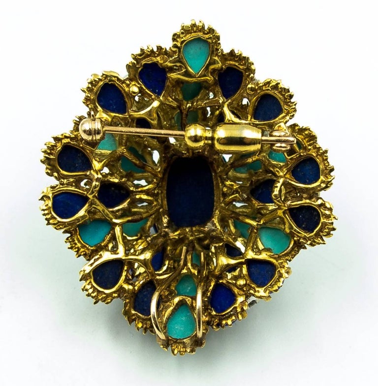 Turquoise Lapis Diamond Gold Cocktail Brooch For Sale at 1stdibs